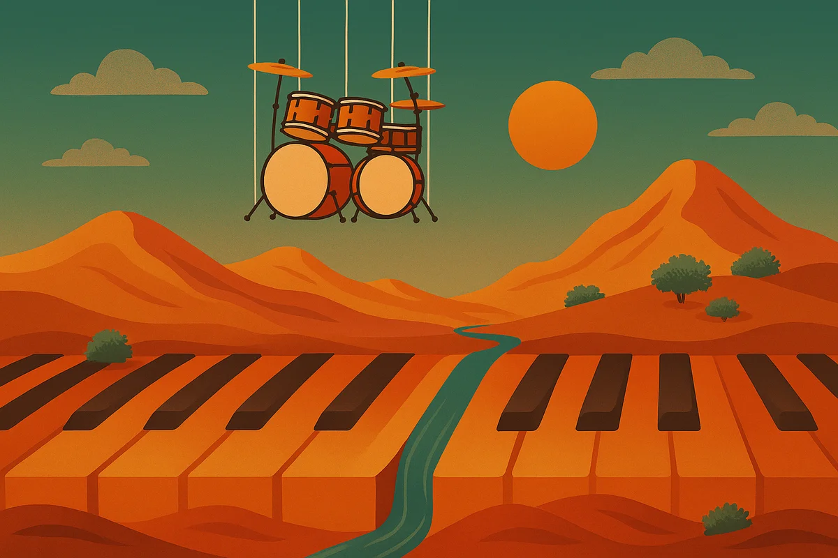 Counterparts - Surreal illustration of drums and piano keys merging with New Mexico landscape